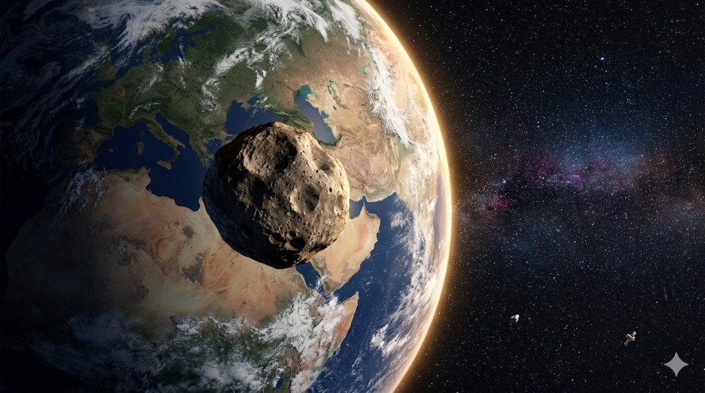 Visualization of Apophis flyby in 2029 - AI generated image